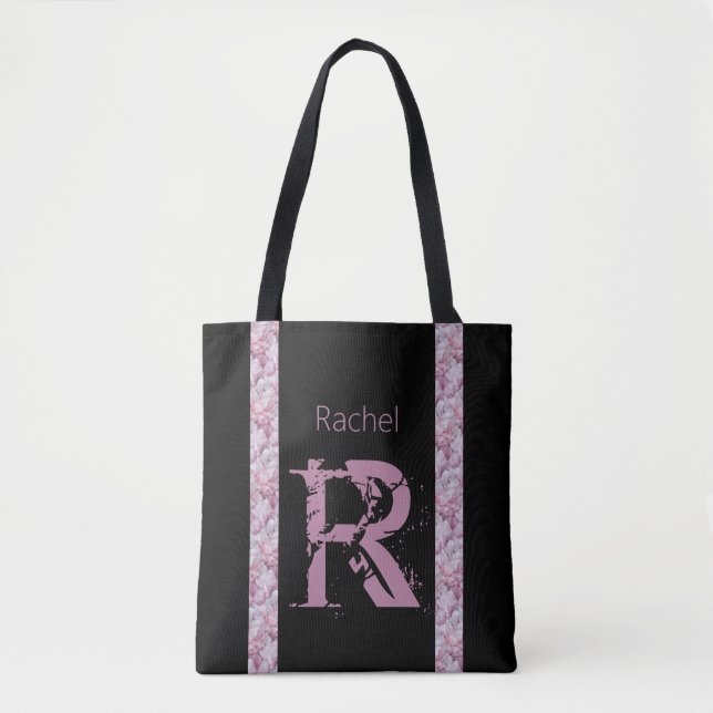 Bolsa Tote Modelo de Monograma Preto Rosa Elegante Moderno Fe (Frente)