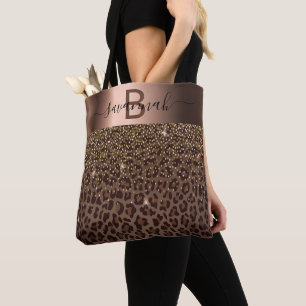 Bolsa Tote Modelo leopardo — nome metálico preto em bronze pr