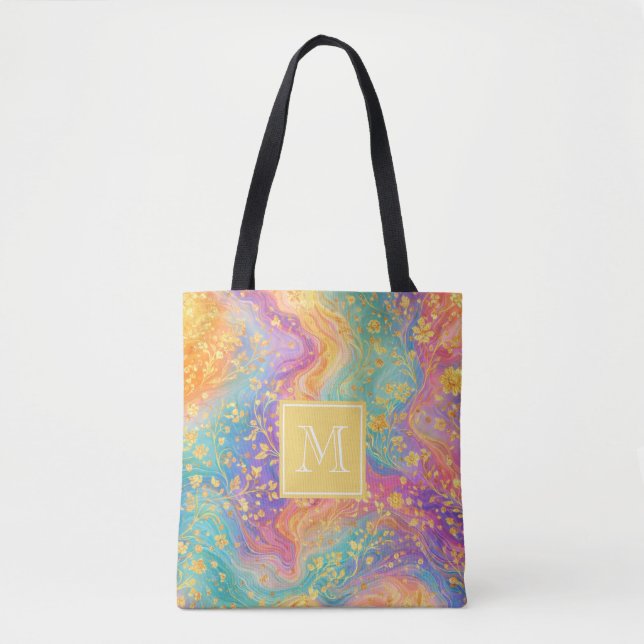 Bolsa Tote Modern Abstract Glitter Floral Monogram Design     (Frente)