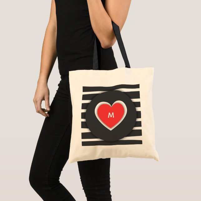 Bolsa Tote Modern Black and White Striped Red Heart Monogram (Frente (produto))