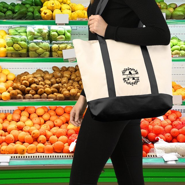 Bolsa Tote Modern Black Floral Wreath Split Monogram "A" (Criador carregado)