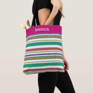Bolsa Tote Modern Boho Aztec Tribal Stripe Nome do Monograma 
