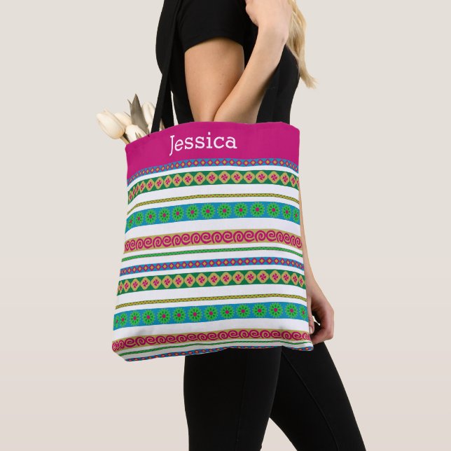 Bolsa Tote Modern Boho Aztec Tribal Stripe Nome do Monograma  (Close Up)