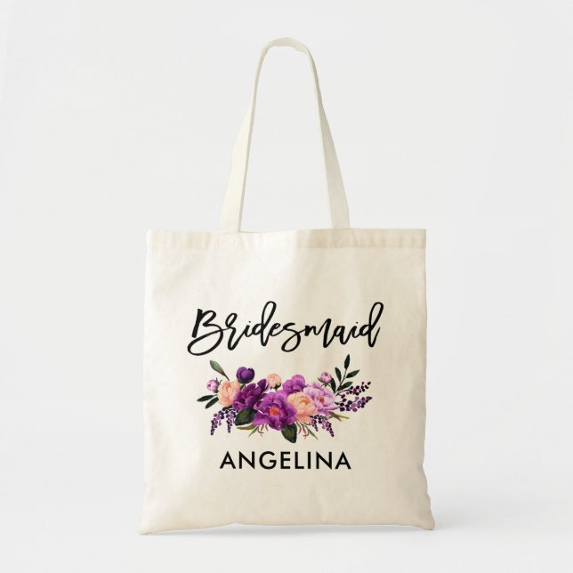 Bolsa Tote Modern Brush Script Purple Floral Bridesmaid (Frente)
