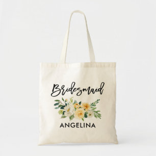Bolsa Tote Modern Brush Script Yellow White Floral Bridesmaid
