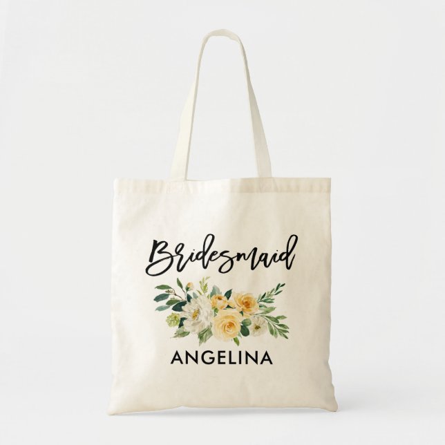 Bolsa Tote Modern Brush Script Yellow White Floral Bridesmaid (Frente)