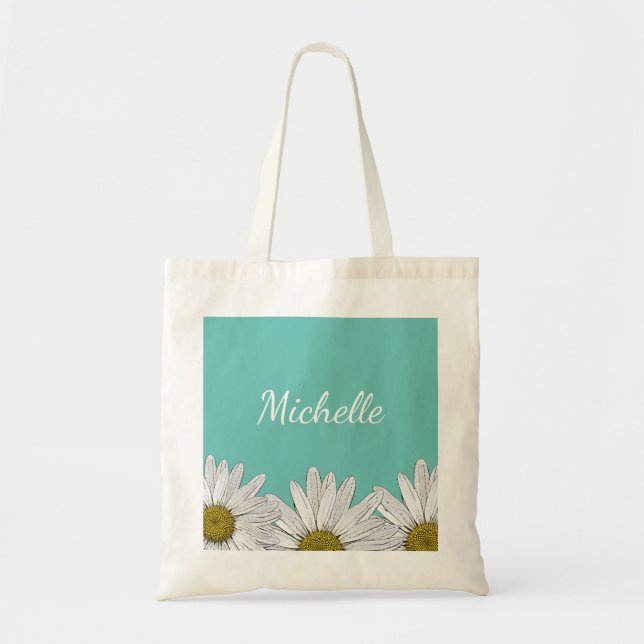 Bolsa Tote Modern Daisies Trendy Teal Green Floral (Frente)