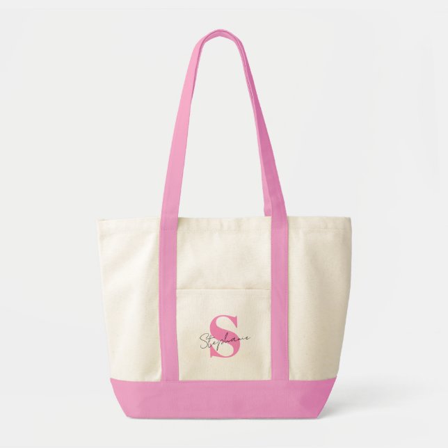 Bolsa Tote Modern Elegant Pink Monogram Handwritten Name (Frente)