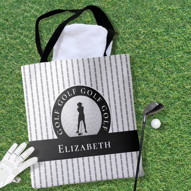 Bolsa Tote Modern Golfer Monograma Preto Cinza Esportes (Custom Golf Monogrammed Name Gray & Black Sports Tote Bag)