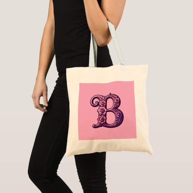 Bolsa Tote Modern Metallic Rosemaling Letter B, Pink/Purple (Frente (produto))