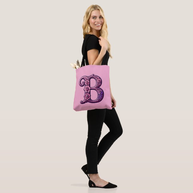 Bolsa Tote Modern Metallic Rosemaling Letter B, Pink/Purple (No(a) Modelo)