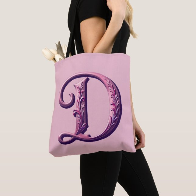 Bolsa Tote Modern Metallic Rosemaling Letter D, Pink/Purple (Close Up)