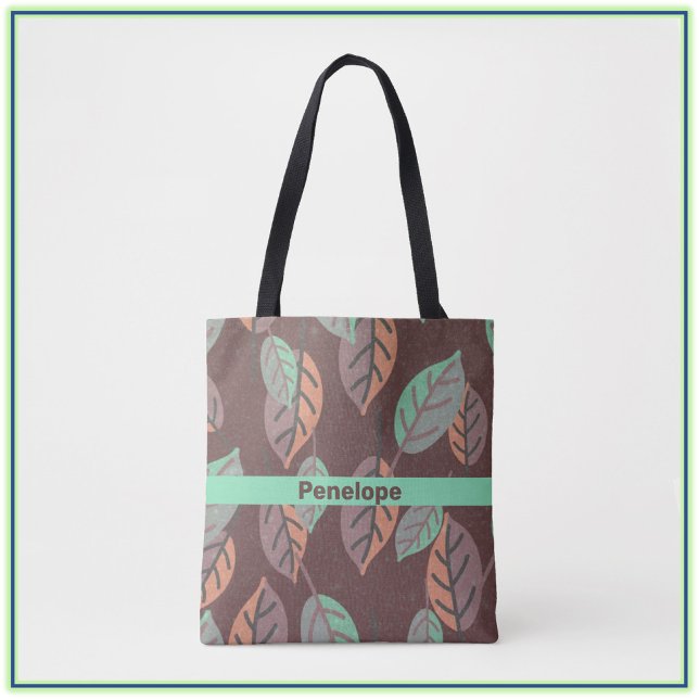Bolsa Tote Modern Mint Green Orange and Purple Leaves (Criador carregado)