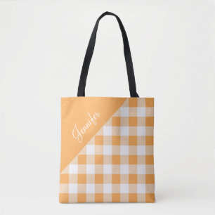 Bolsa Tote Modern Orange Gingham Xadrez Name