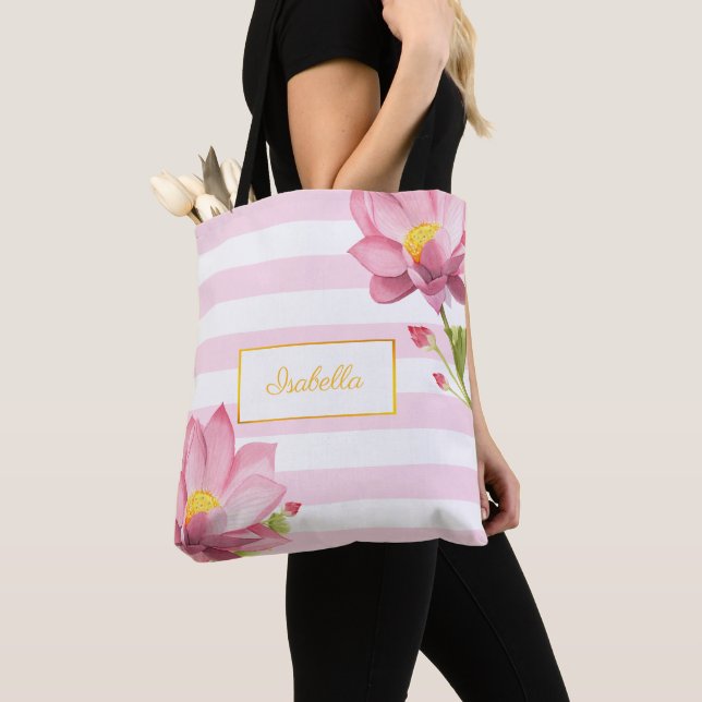 Bolsa Tote Modern Pink Gold Floral Lotus Bridesmaid (Close Up)