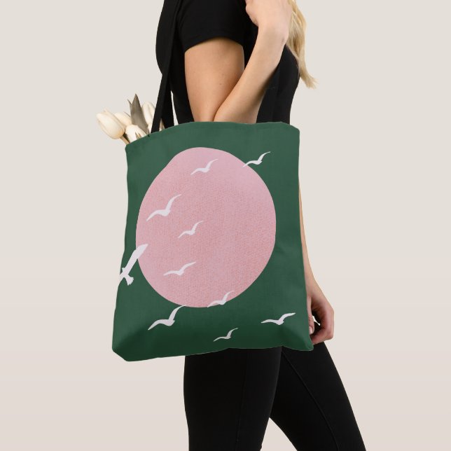 Bolsa Tote Modern Pink Sun & Birds Minimalist Art (Close Up)