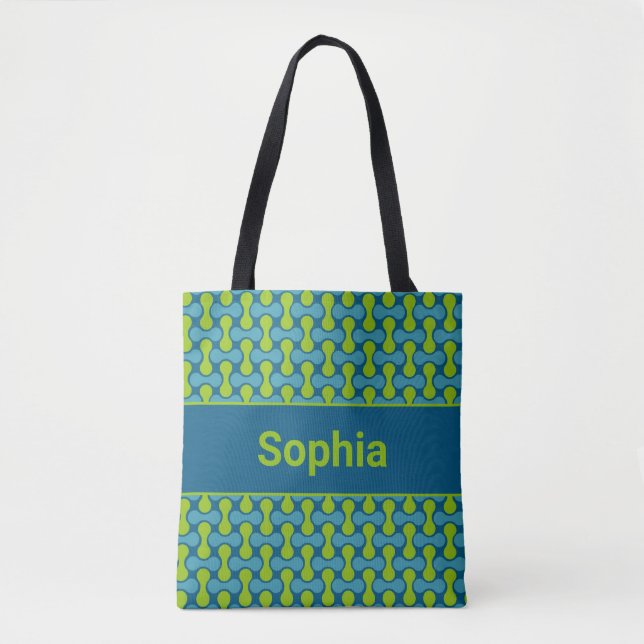 Bolsa Tote Modern Retro Link Pattern in Blue and Green (Frente)