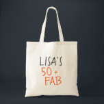 Bolsa Tote Modern Stylish Name Orange 50 Fabulous Birthday<br><div class="desc">Modern and stylish 50th birthday tote bag with the text fifty and fabulous in bright orange elegant script. Simply add your name to this 50th birthday celebration custom tote bag. Perfect birthday gift for a modern,  stylish and elegant 50 year old. Exclusively designed for you by Happy Dolphin Studio!</div>