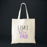Bolsa Tote Modern Stylish Name Purple 50 Fabulous Birthday<br><div class="desc">Modern and stylish 50th birthday tote bag with the text fifty and fabulous in bright purple elegant script. Simply add your name to this 50th birthday celebration custom tote bag. Perfect birthday gift for a modern,  stylish and elegant 50 year old. Exclusively designed for you by Happy Dolphin Studio!</div>