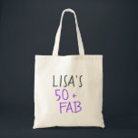 Bolsa Tote Modern Stylish Name Purple 50 Fabulous Birthday<br><div class="desc">Modern and stylish 50th birthday tote bag with the text fifty and fabulous in bright purple elegant script. Simply add your name to this 50th birthday celebration custom tote bag. Perfect birthday gift for a modern,  stylish and elegant 50 year old. Exclusively designed for you by Happy Dolphin Studio!</div>