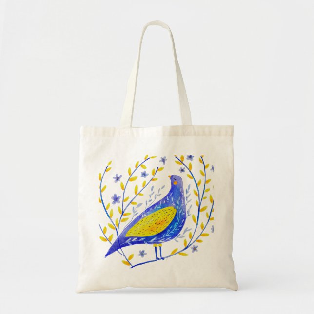 Bolsa Tote Modern Watercolor Blue and Yellow Bird Art (Frente)