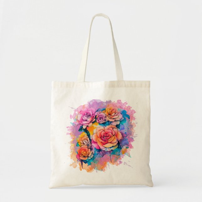 Bolsa Tote Modern Watercolor Paint Daubs Roses Bouquet (Frente)