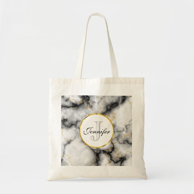 Bolsa Tote Modern White Gray Marble with Gold Ribbon Monogram (Frente)