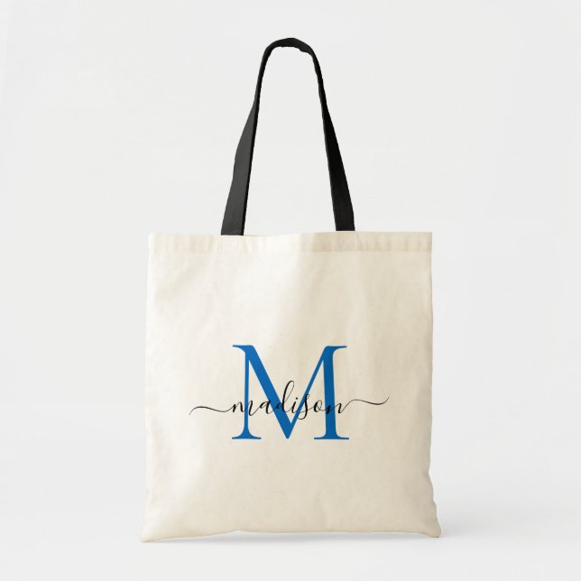 Bolsa Tote Moderno Monograma Azul Marinho Chic Nome de Script (Frente)