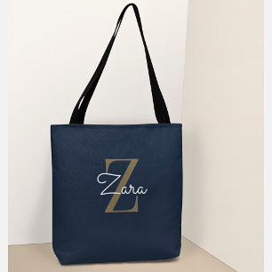 Bolsa Tote Moderno Personalizado Azul Marinho Monograma Nome