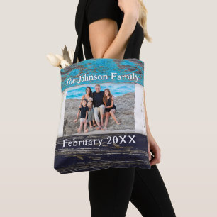 Bolsa Tote Moldura de Foto de Nome de Família em Madeira Azul