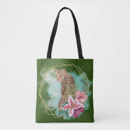 Bolsa Tote Moldura de leopardo e tropical em aquarela