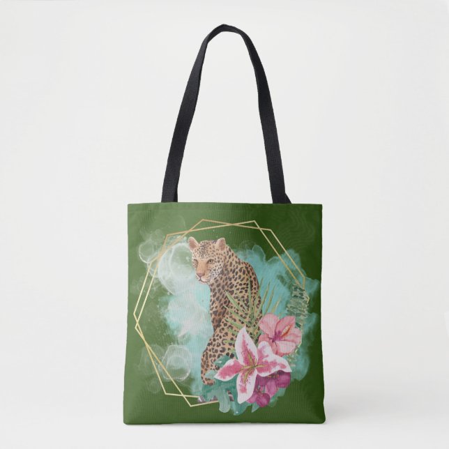 Bolsa Tote Moldura de leopardo e tropical em aquarela (Frente)