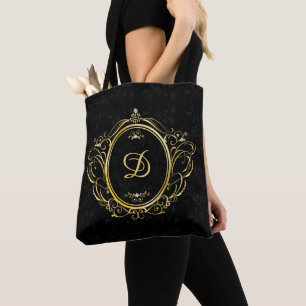 Bolsa Tote Moldura Dourada de fundo preta com monograma