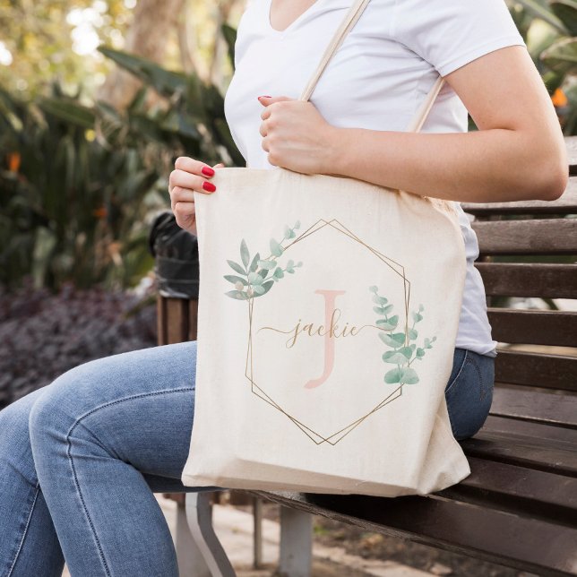 Bolsa Tote Moldura Eucalyptus Cor-de-Água Rosa Monograma (Criador carregado)