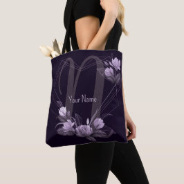 Bolsa Tote Moldura Geométrica Violeta Floral Roxa Nome Monogr