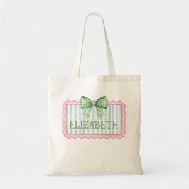 Bolsa Tote Moldura Rosa e Azul Com Laço Xadrez Verde