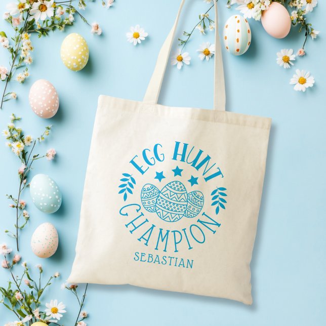 Bolsa Tote Molho de Caça de Ovo Personalizado Azul (Personalized Easter Egg Hunt Champion Boy Blue Tote Bag)