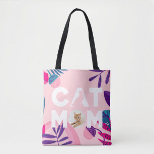 Bolsa Tote MOM CAT, Sua Foto, Flores e Folhas Rosa