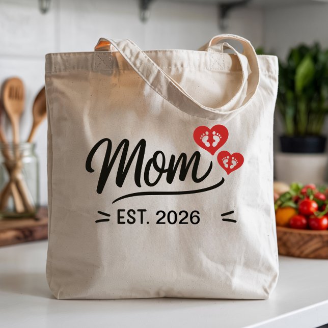 Bolsa Tote Mom Established Mothers Day Name Year Script Heart (new mom established script tote bags simple minimal script font mother mama mum script modern mother)