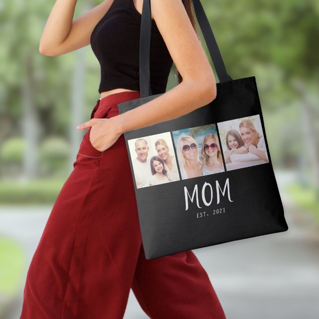 Bolsa Tote Mom Established Script Black 3 Photo (A stylish tote bag with three photos and customizable "Mom Est. 2021" text in white on black)