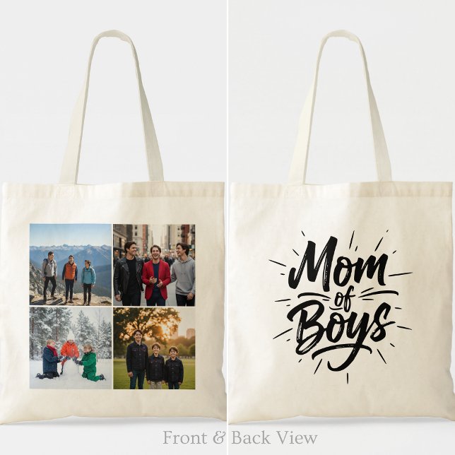 Bolsa Tote Mom of Boys Brush Script Four Photo Grid (Criador carregado)