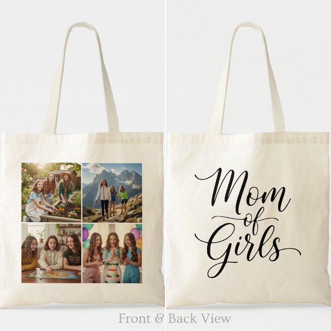 Bolsa Tote Mom of Girls Modern Elegant Script Four Photo (Criador carregado)