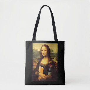 Bolsa Tote Mona Lisa engraçada com Livro e Vinho