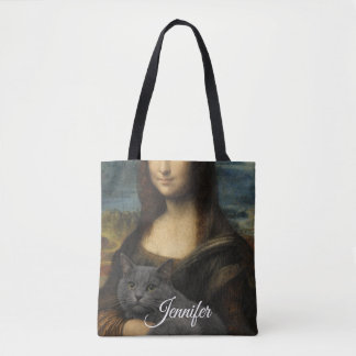 Bolsa Tote Mona Lisa Holding Elegant Gray Cat                