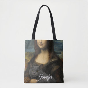 Bolsa Tote Mona Lisa segurando um gato cinza elegante