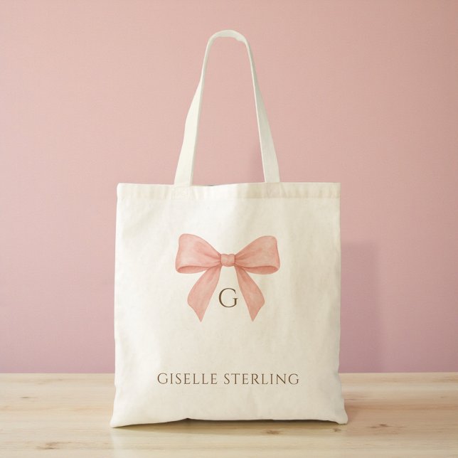 Bolsa Tote Monogram Blush Pink Bow Watercolor (Criador carregado)