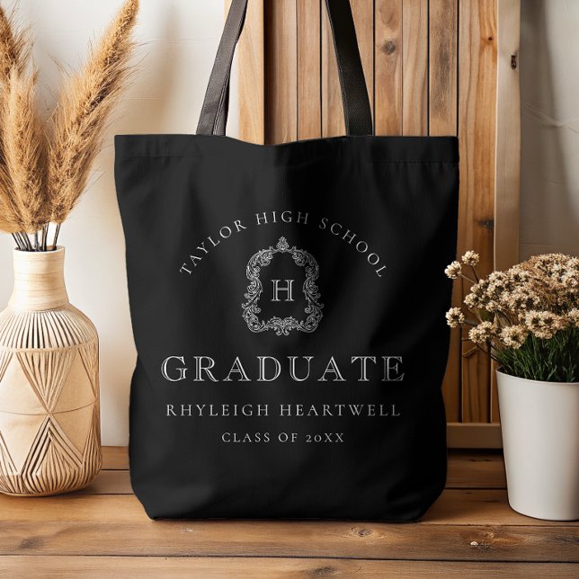 Bolsa Tote Monogram Crest Black and White Graduation (Criador carregado)