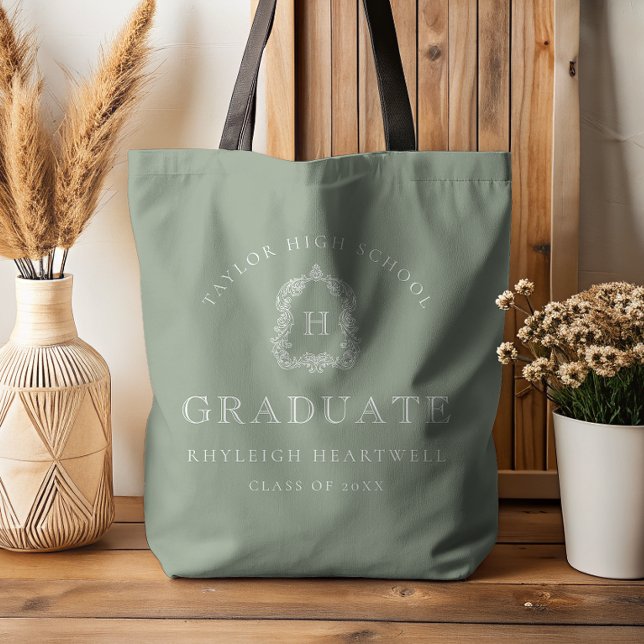 Bolsa Tote Monogram Crest Sage Green White Graduation (Criador carregado)