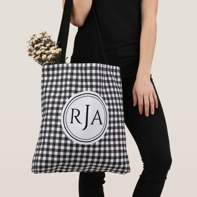 Bolsa Tote Monogram, Large Black White Buffalo Check 18" (Close Up)