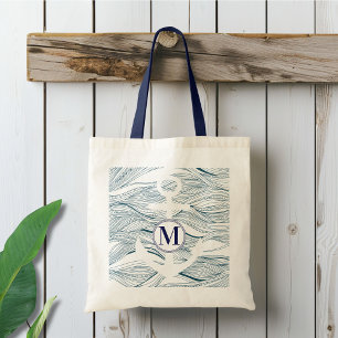 Bolsa Tote Monograma Âncora Náutica Navy e Branco